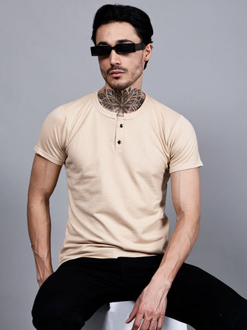 Vaijal Men's Casual Slim Fit Half Sleeve Henley Neck Cotton Solid T-shirt