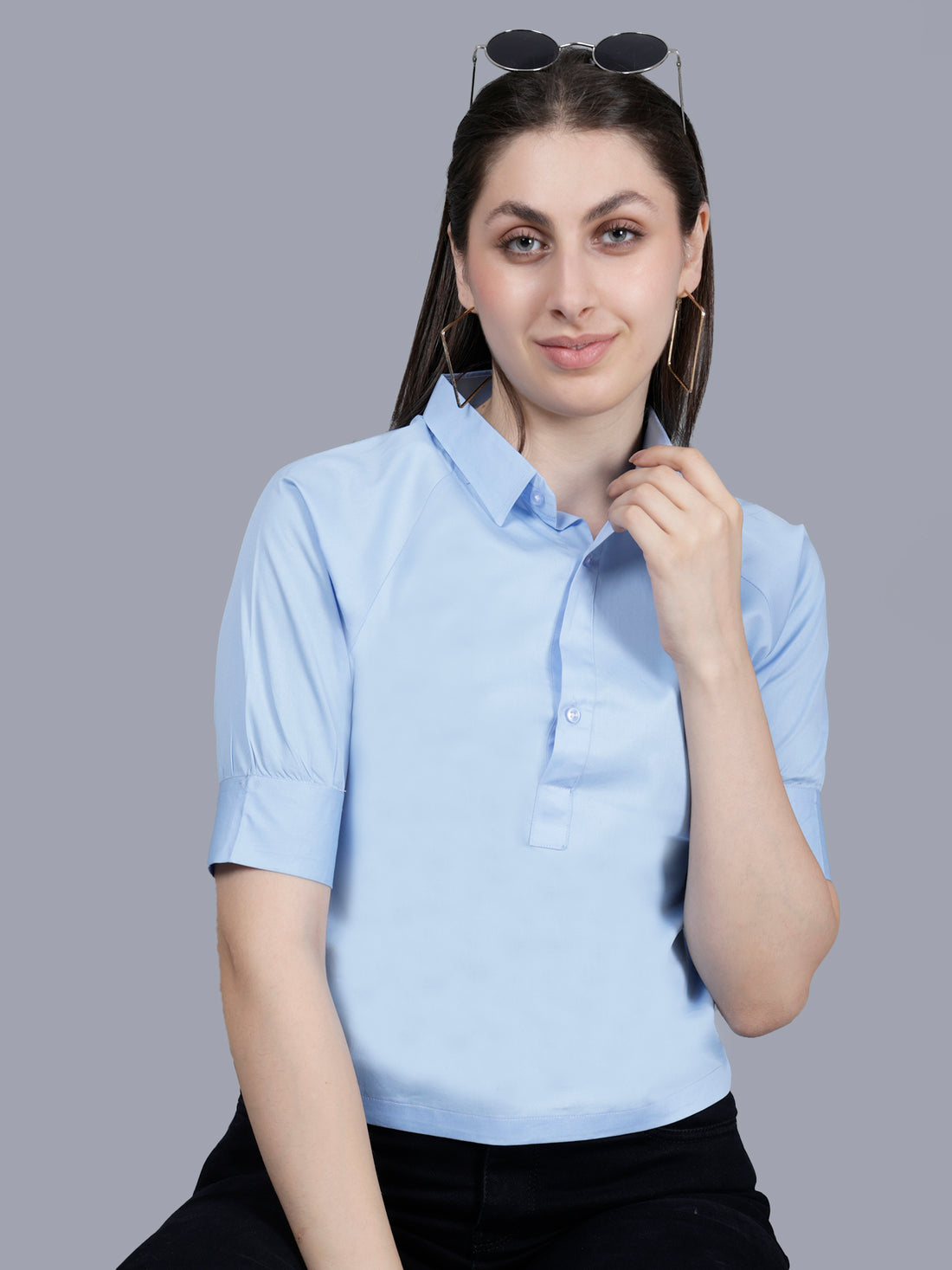 Vaijal Women's Casual 3/4 Sleeve Slim Fit Spread Collar Solid Cotton Blue Top