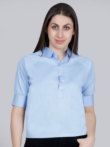 Vaijal Women's Casual 3/4 Sleeve Slim Fit Spread Collar Solid Cotton Blue Top