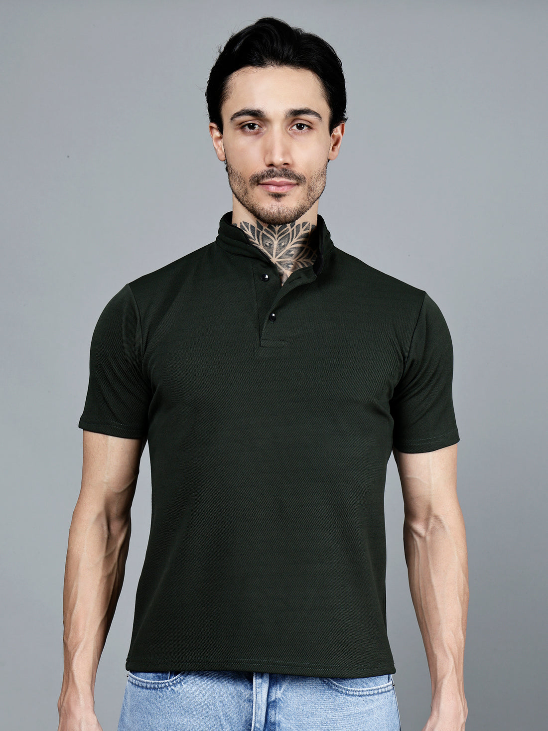 Vaijal Men's Casual Mandarin Collar Half Sleeve Stylish Solid T-shirt