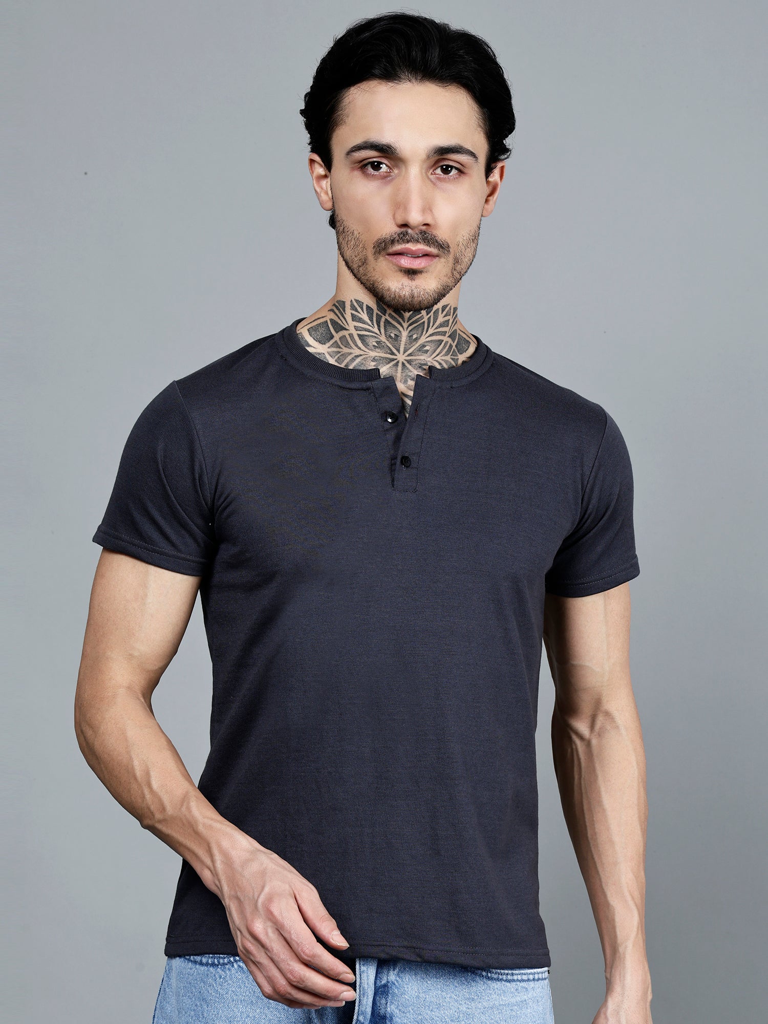 Vaijal Men's Casual Slim Fit Half Sleeve Henley Neck Cotton Solid T-shirt