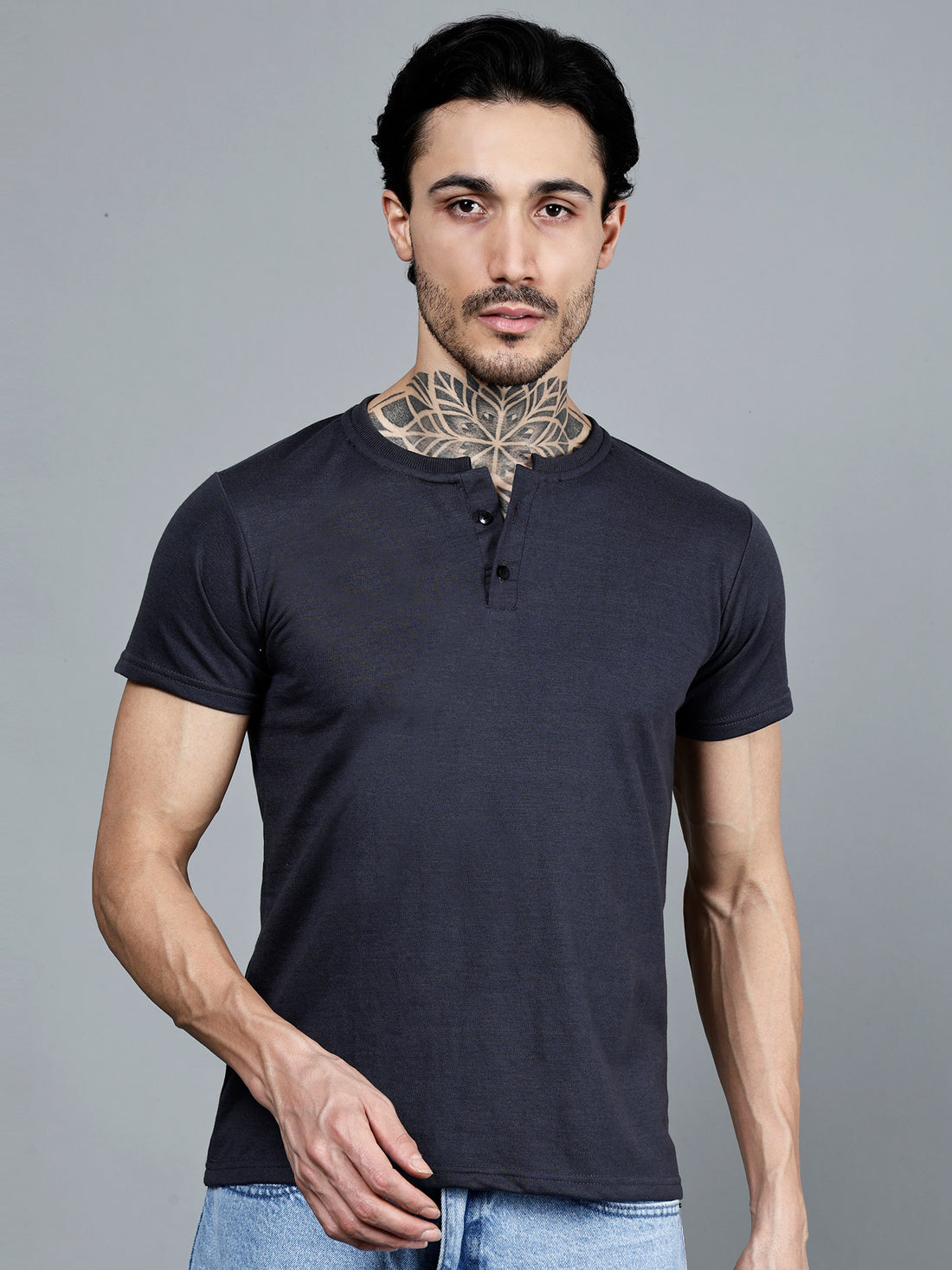Vaijal Men's Casual Slim Fit Half Sleeve Henley Neck Cotton Solid T-shirt