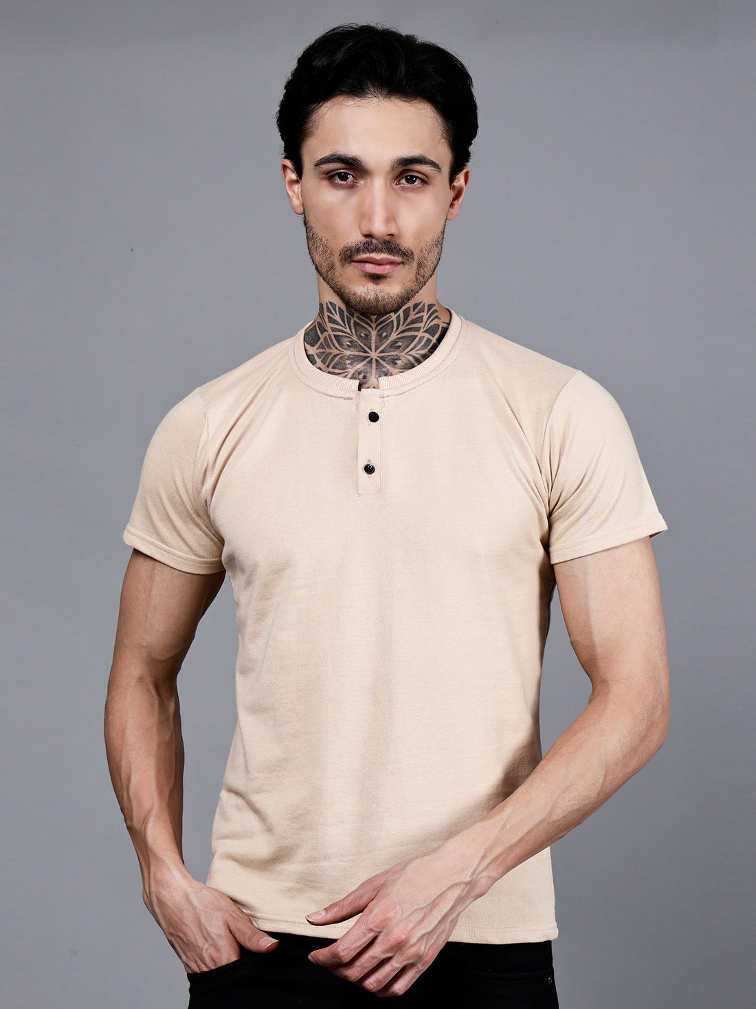Vaijal Men's Casual Slim Fit Half Sleeve Henley Neck Cotton Solid T-shirt