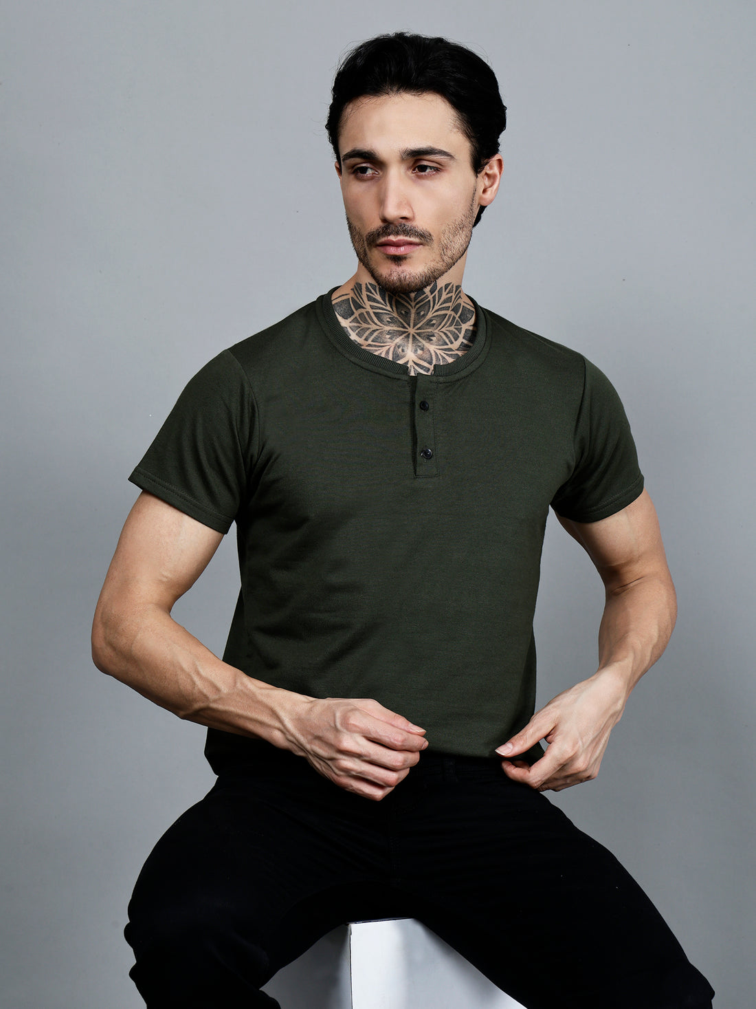 Vaijal Men's Casual Slim Fit Half Sleeve Henley Neck Cotton Solid T-shirt