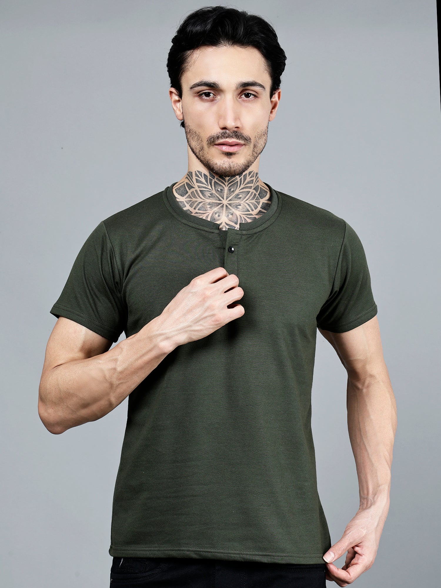 Vaijal Men's Casual Slim Fit Half Sleeve Henley Neck Cotton Solid T-shirt
