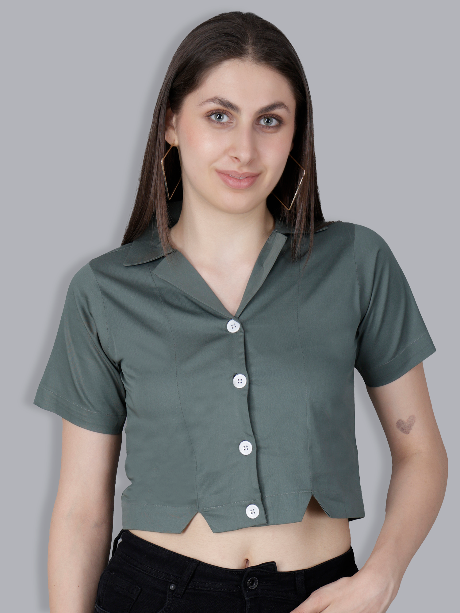 Vaijal Women's Casual 3/4 Sleeve Slim Fit Cuban Collar Solid Cotton Green Top