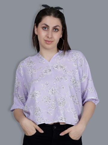 Women's Lilac Floral Printed V-Neck Top
